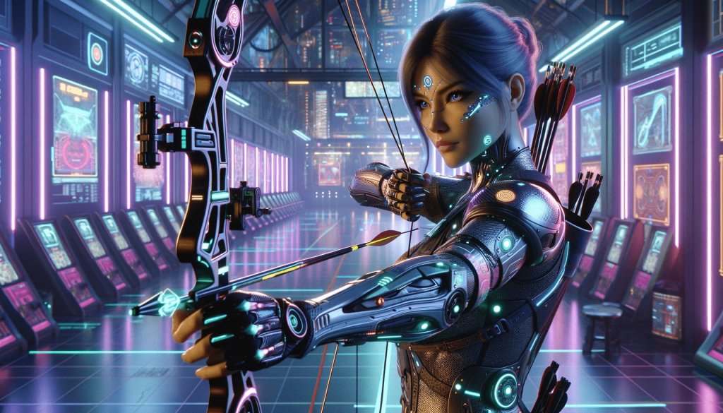 Спортивная Стрельба из Лука - A photorealistic 16 9 image of a female archer, around 40 years old, in a high-tech, cyberpunk-style archery range. The range is vibrant with neon lig.png