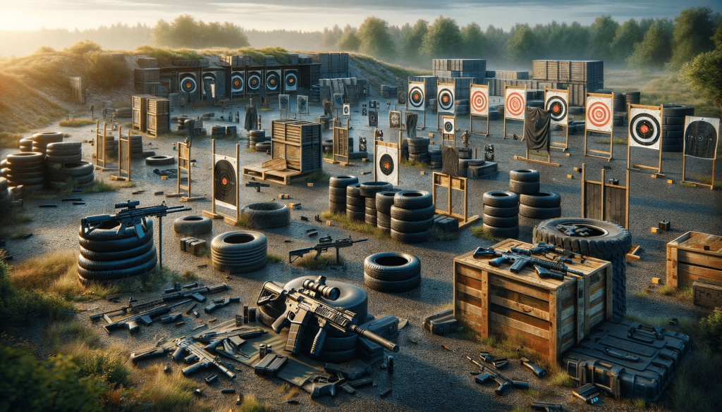 Страйкбольный тир - A photorealistic 16 9 image of an airsoft shooting range, also known as a 'strikeball' range. The scene is set in an outdoor environment with various .png