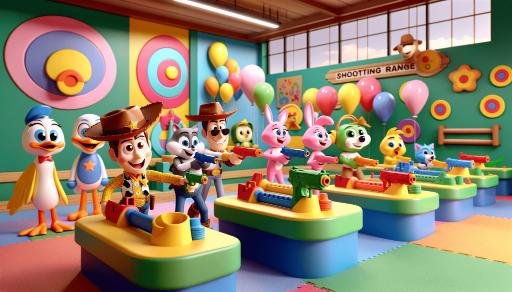 Детский ТИР - A whimsical and colorful 16 9 image depicting popular characters from children's cartoons enjoying a fun day at a kid-friendly shooting range. The cha.png