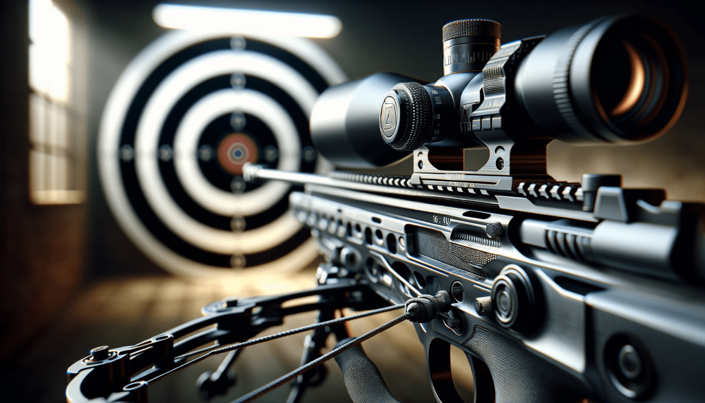 Клуб стрельбы из лука - A photorealistic 16 9 image of a modern crossbow with an optical scope, focused in the foreground against a blurred target background. The crossbow is.png