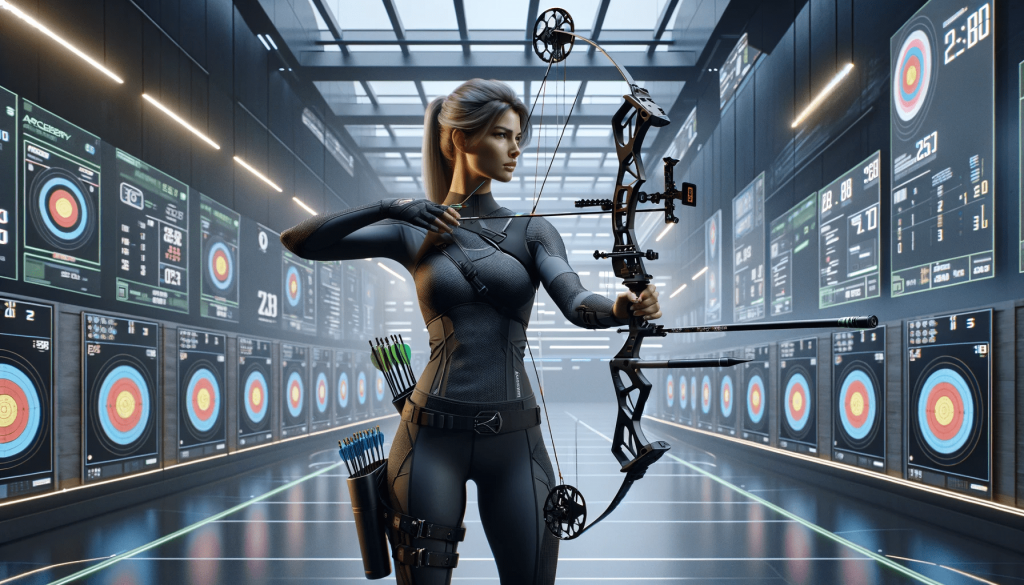 Спортивная Стрельба из Лука- A photorealistic 16 9 image of a female archer, about 35 years old, practicing in a futuristic archery range. The range has advanced technology, with .png
